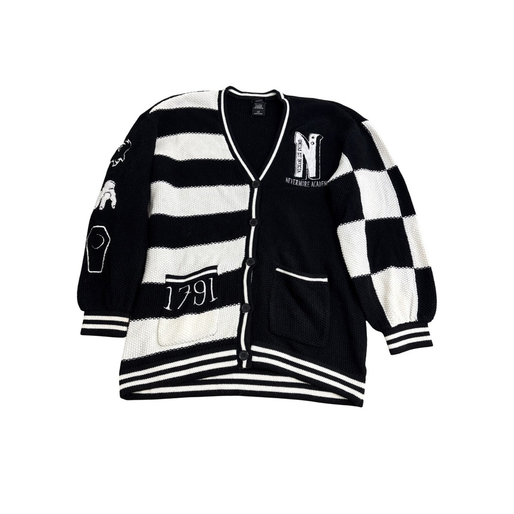 Hot Topic Wednesday Nevermore Academy Cardigan Sweater Black White LG 34007904